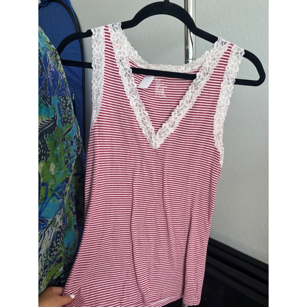 Lace Trim Striped Cami Tank Top Red White Coquette Y2K Aesthetic Gap Large
